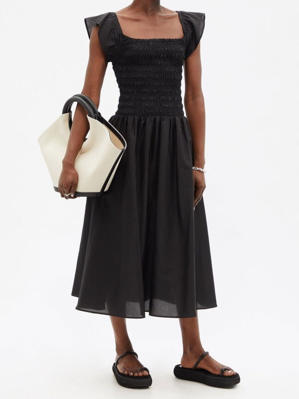 Toteme Square-Neck Smocked Midi Dress 34/US2